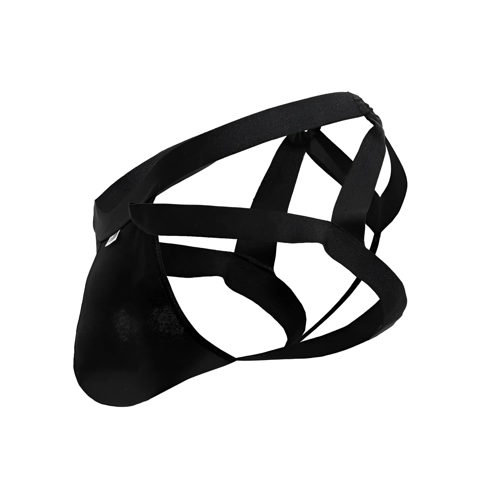 Black mesh briefs with crisscross strap design from candyman 99840 crisscross thongs in black showing front view