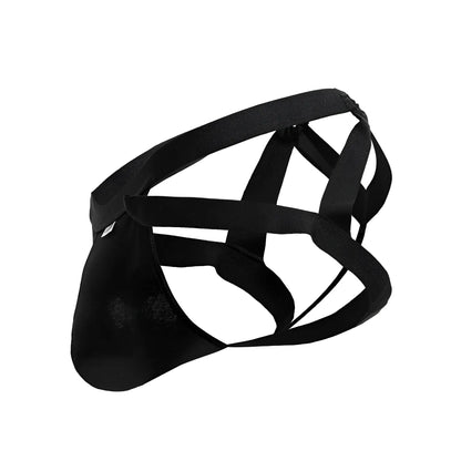 Black mesh briefs with crisscross strap design from candyman 99840 crisscross thongs in black showing front view