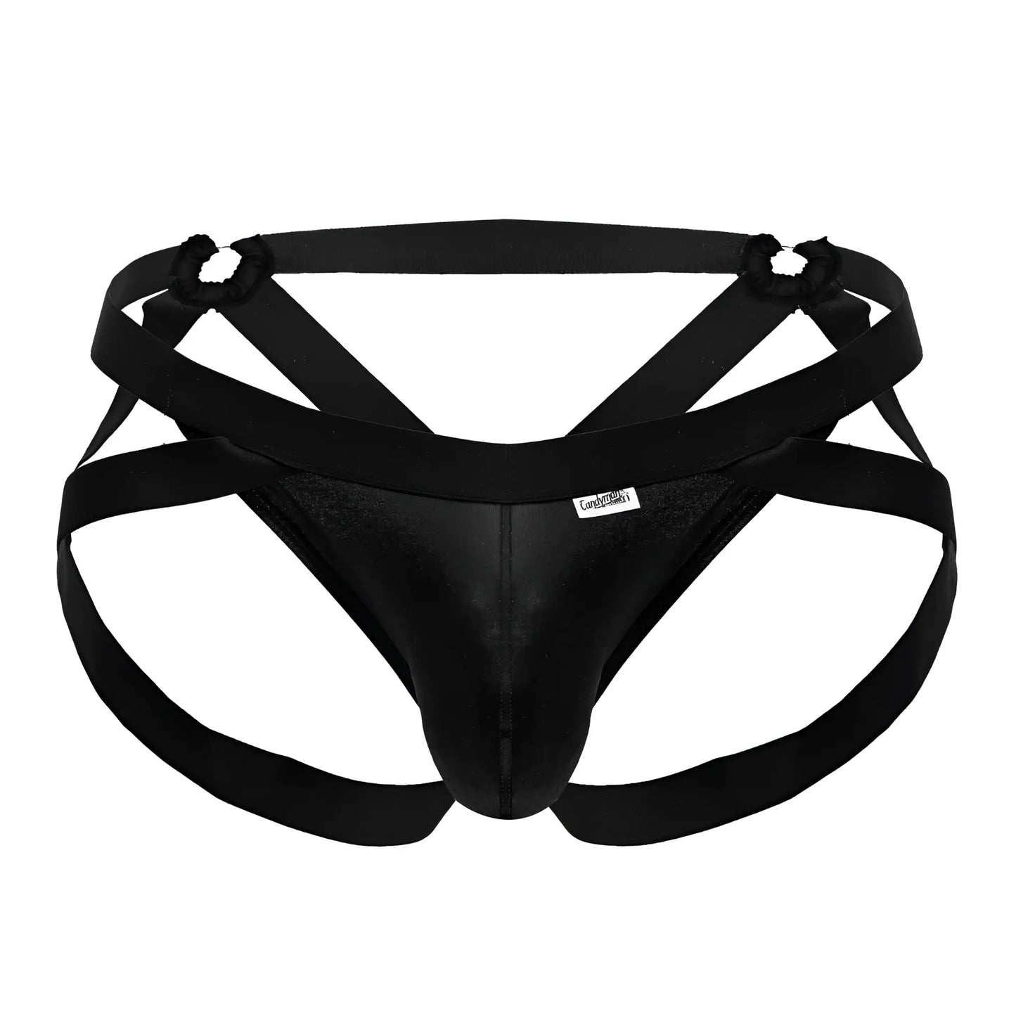 Black satin-like briefs with crisscrossing elastic straps and branded tag candyMan 99840 crisscross thongs color black