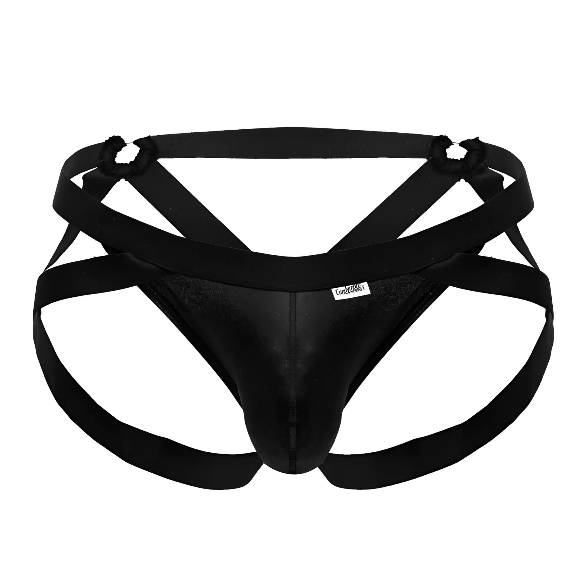 Black satin-like briefs with crisscrossing elastic straps and branded tag candyMan 99840 crisscross thongs color black