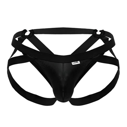 Black satin-like briefs with crisscrossing elastic straps and branded tag candyMan 99840 crisscross thongs color black