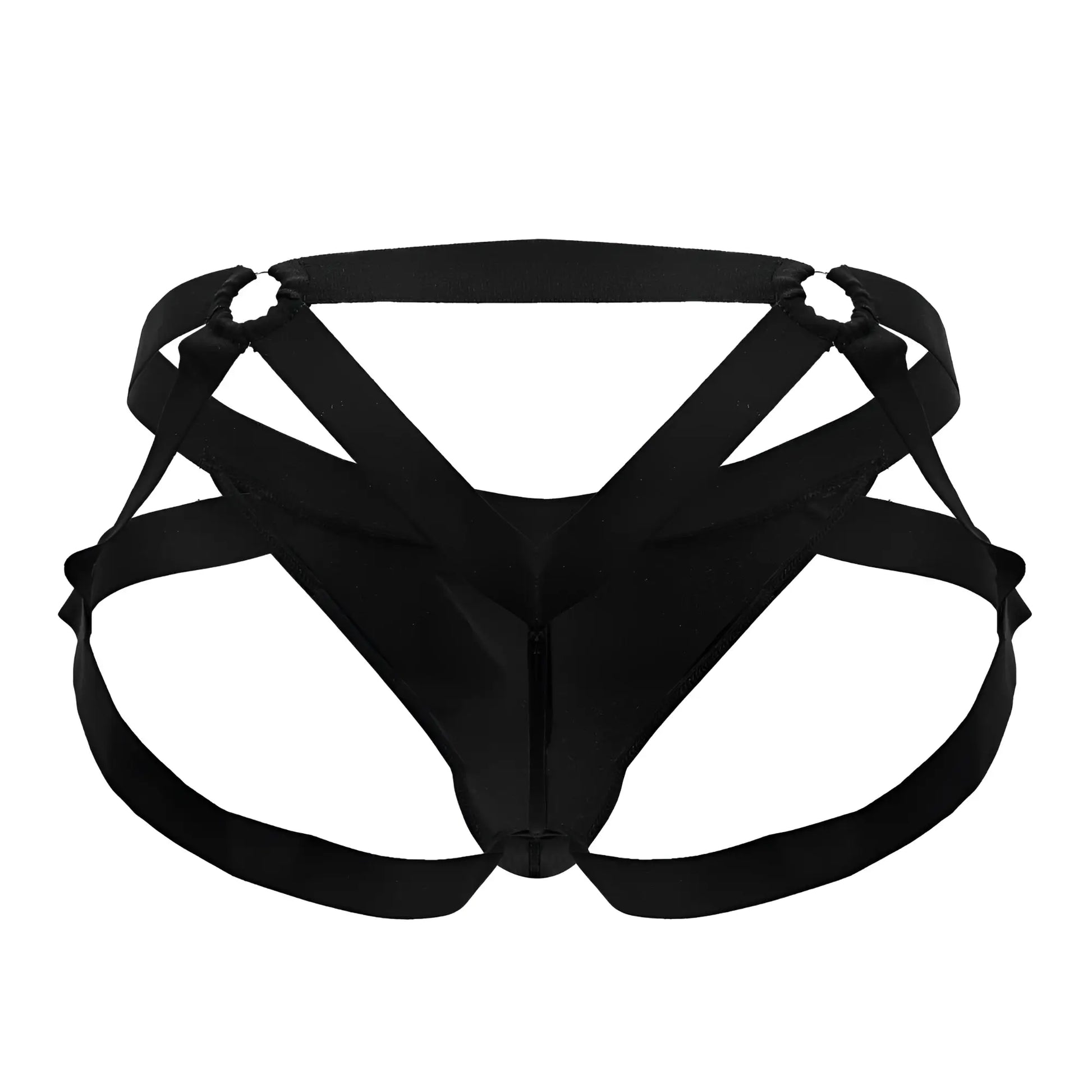 Black satin fabric CandyMan 99840 crisscross thong briefs with central zipper and adjustable harness straps