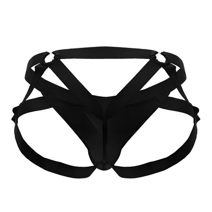 Black satin fabric CandyMan 99840 crisscross thong briefs with central zipper and adjustable harness straps