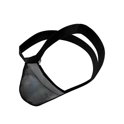 Black mesh briefs with elastic straps showing the back side in the candyman 99841 mesh thongs color black collection