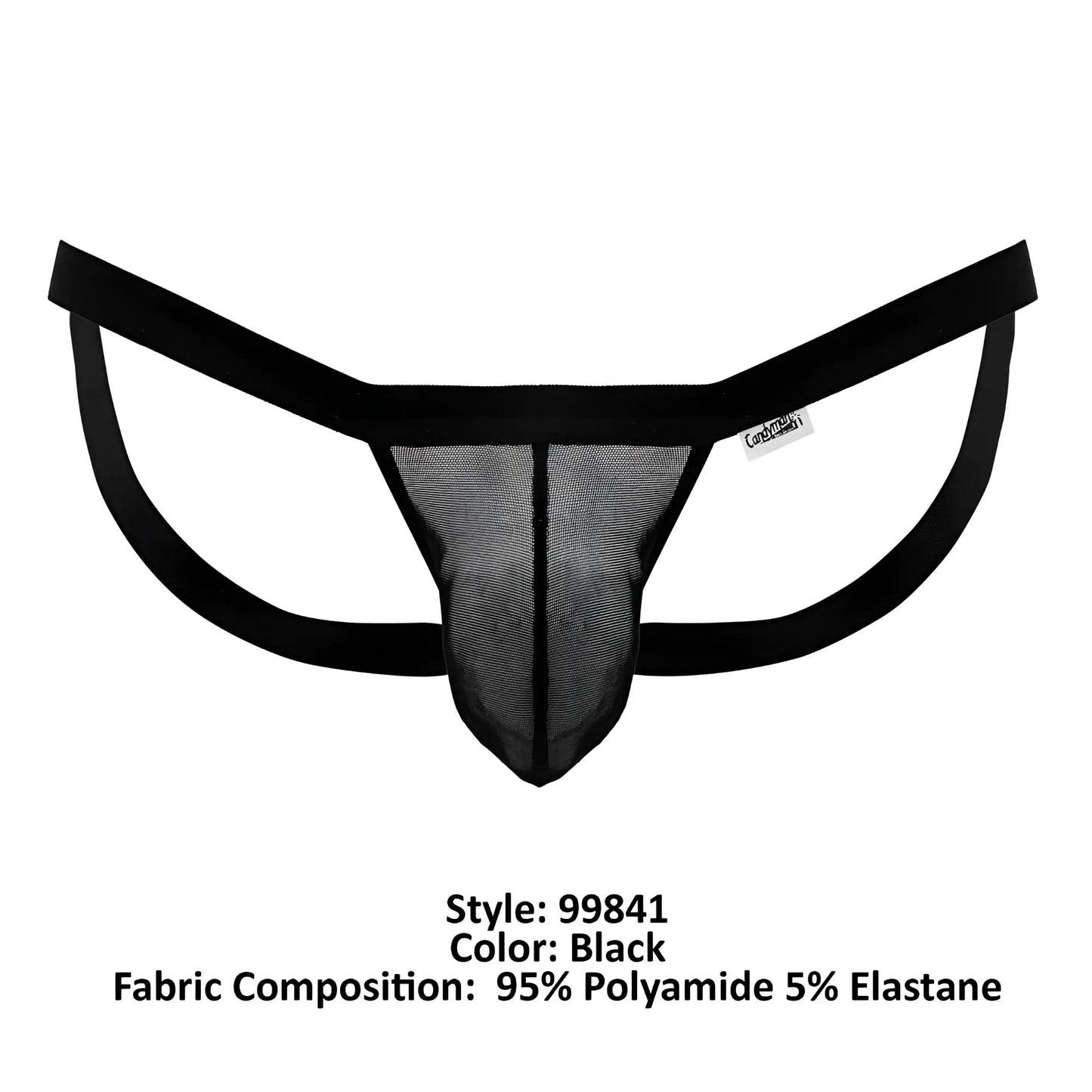 Black mesh thong with solid elastic waistband and leg straps from candyman 99841 collection in black color
