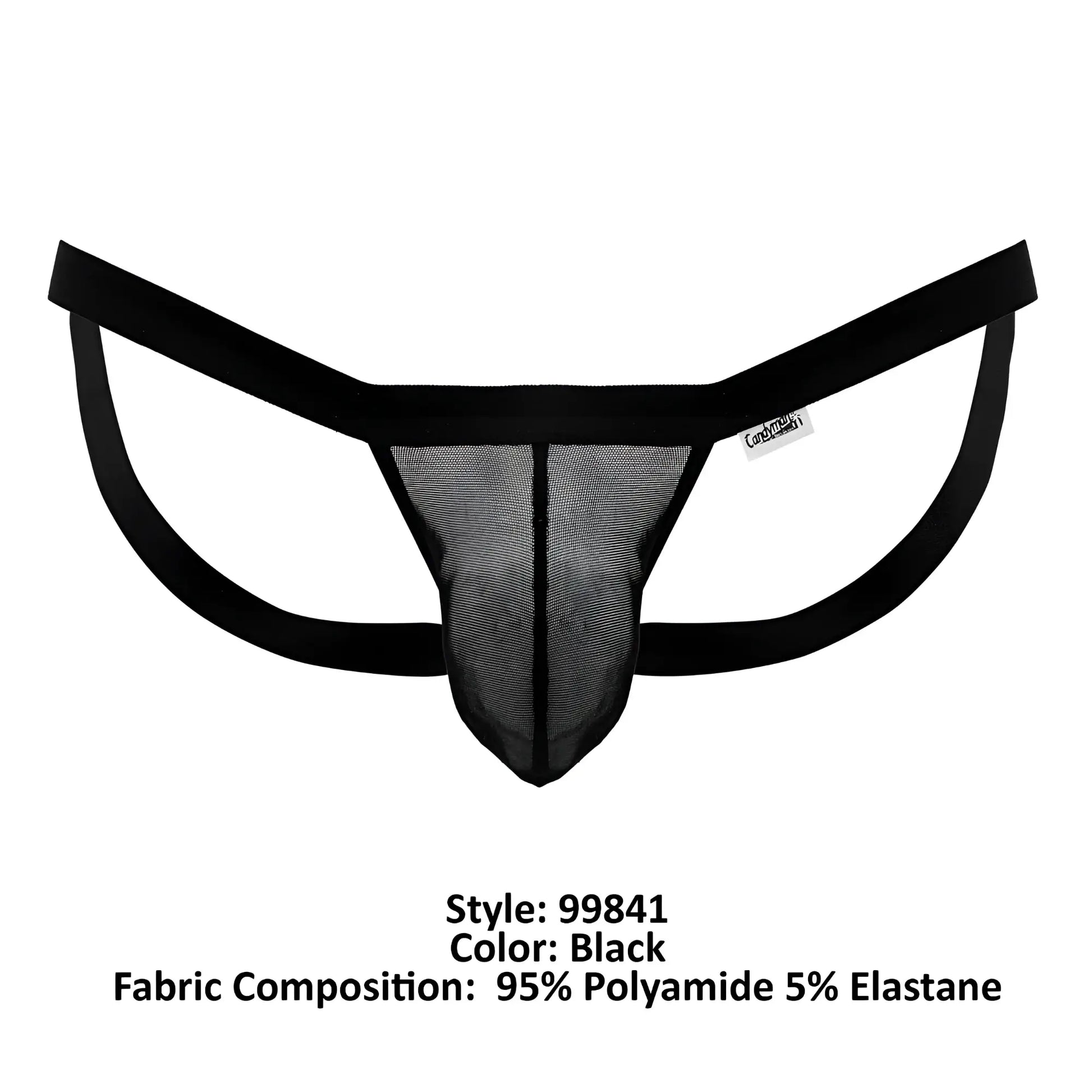 Black mesh thong with solid elastic waistband and leg straps from candyman 99841 collection in black color