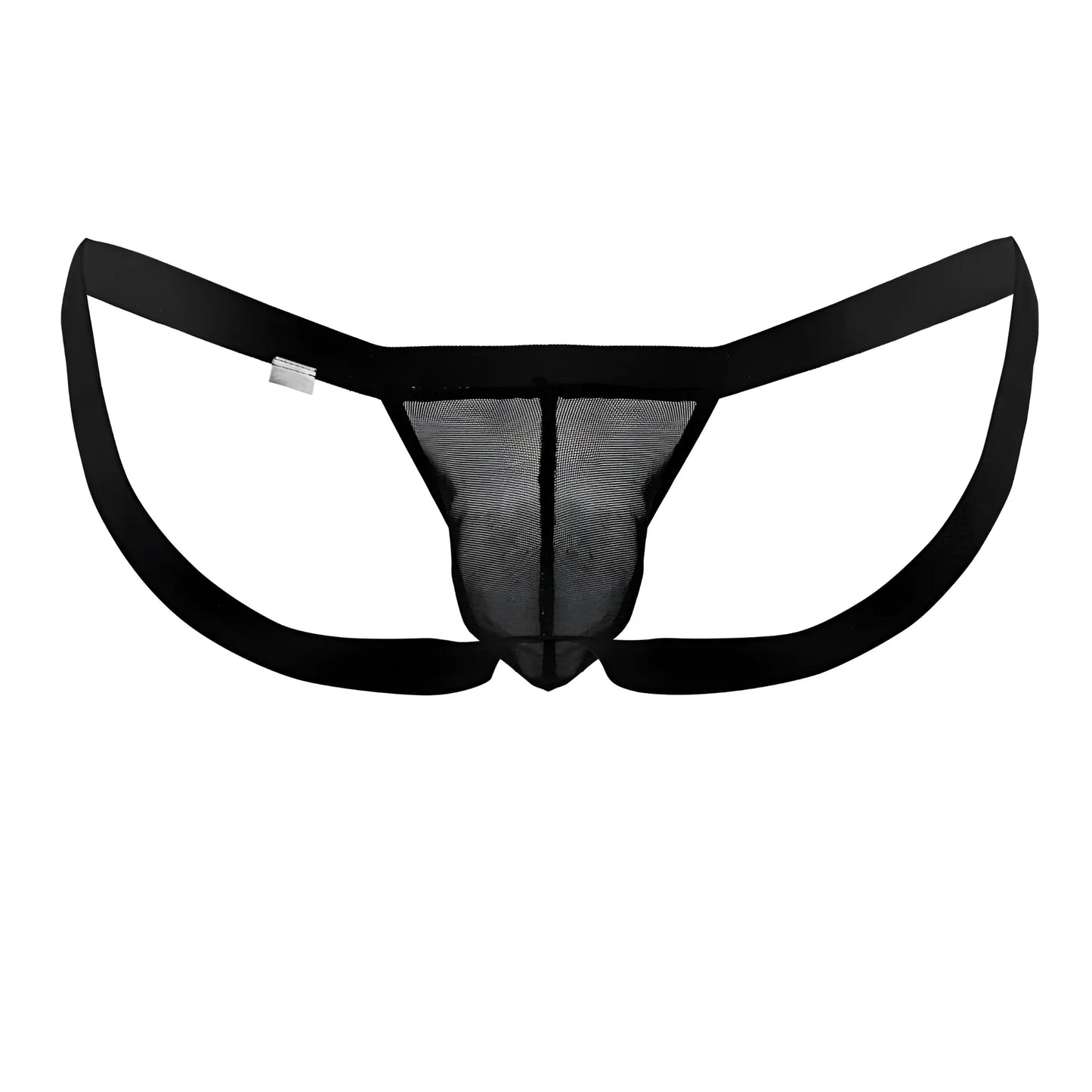 Black mesh thong candyMan 99841 with solid black waistband and leg openings showing front side design