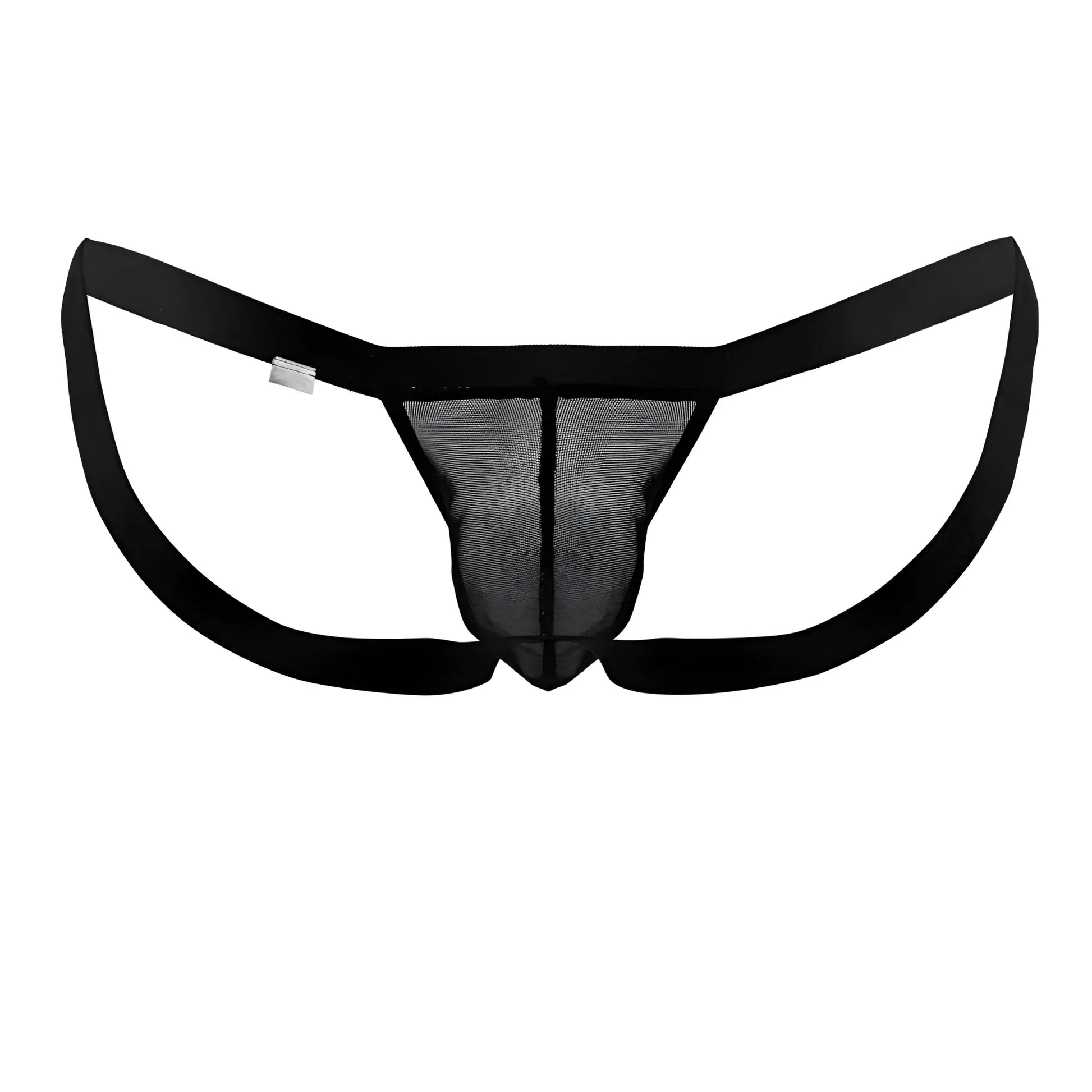 Black mesh thong candyMan 99841 with solid black waistband and leg openings showing front side design