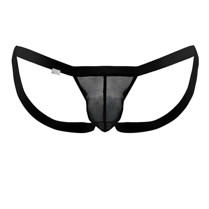 Black mesh thong candyMan 99841 with solid black waistband and leg openings showing front side design