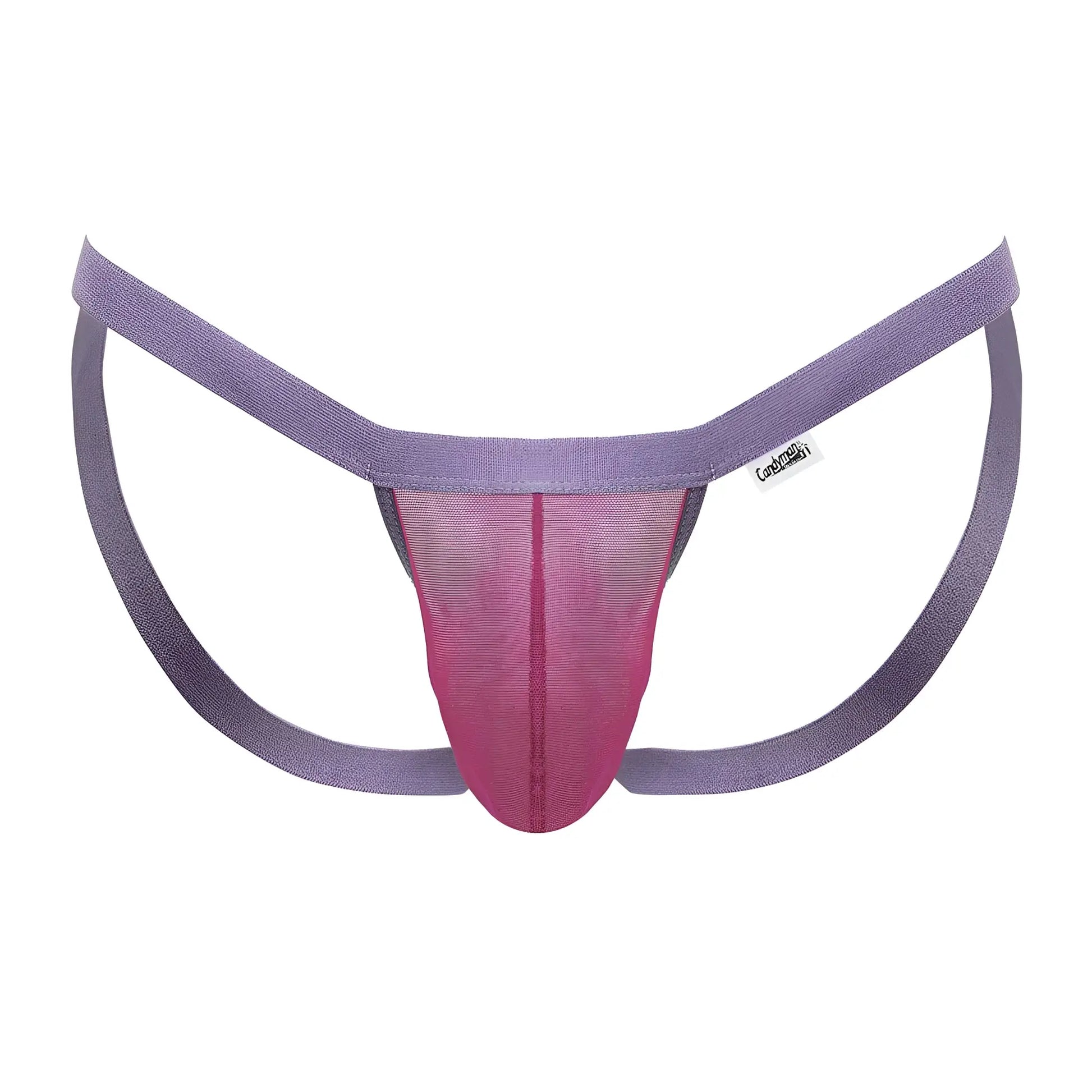 CandyMan 99841 mesh thong in hot pink with purple and pink mesh and wide elastic straps shown from the back
