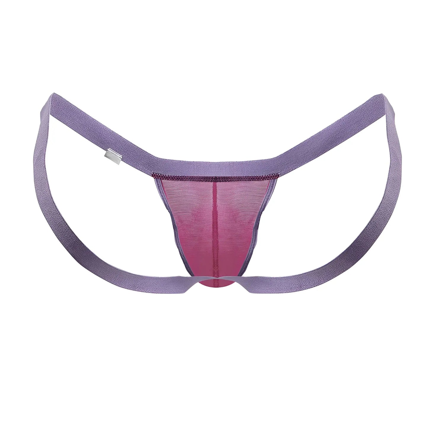 CandyMan 99841 mesh thong in hot pink with purple and pink mesh and wide elastic straps shown from back side