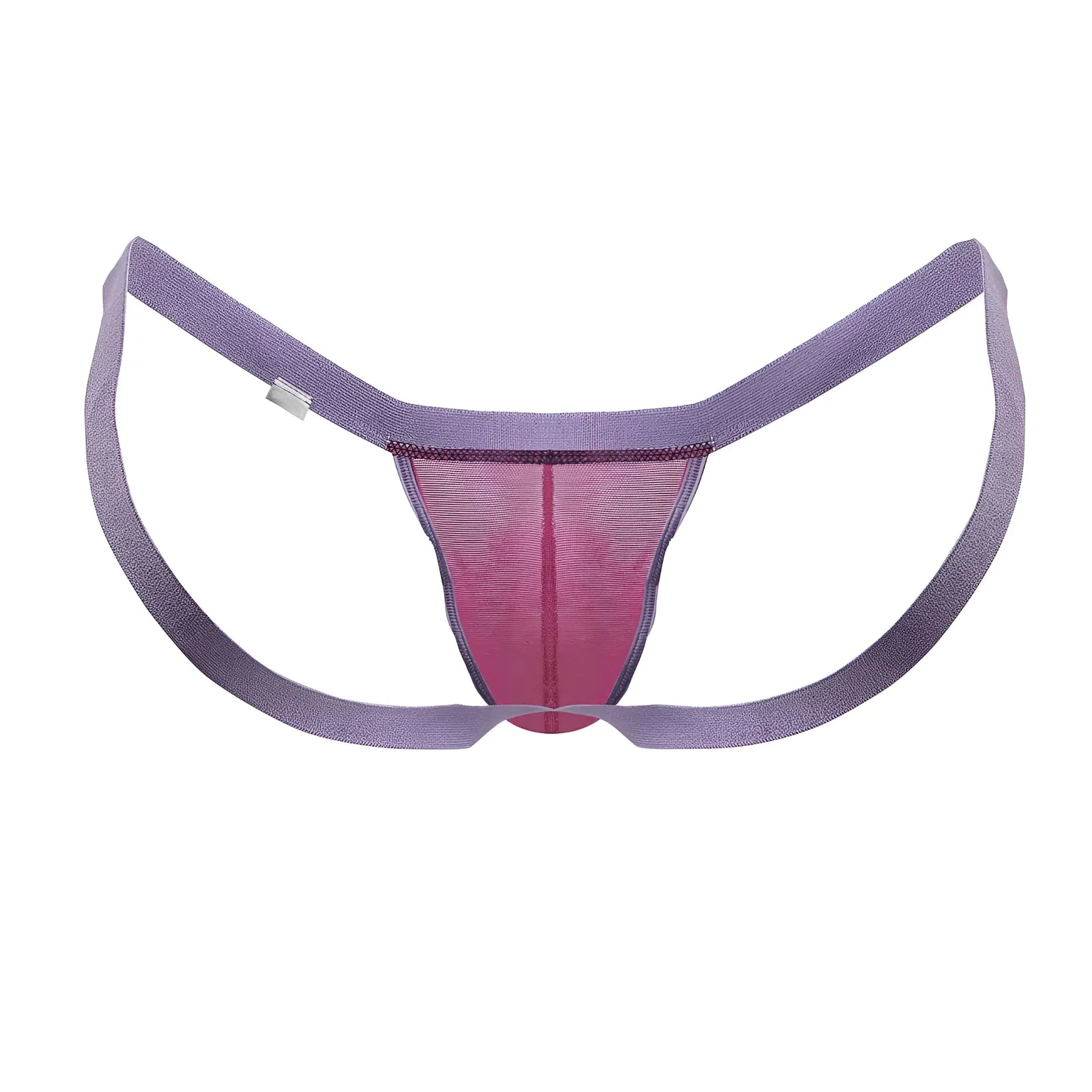CandyMan 99841 mesh thong in hot pink with purple and pink mesh and wide elastic straps shown from back side