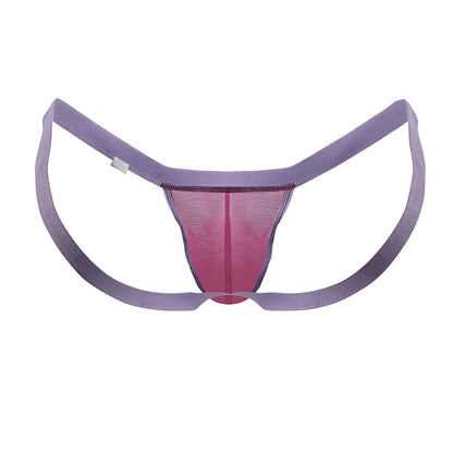 CandyMan 99841 mesh thong in hot pink with purple and pink mesh and wide elastic straps shown from back side