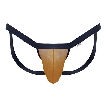 Navy blue and gold mesh thong with branded tag by CandyMan 99841 designed in orange color scheme
