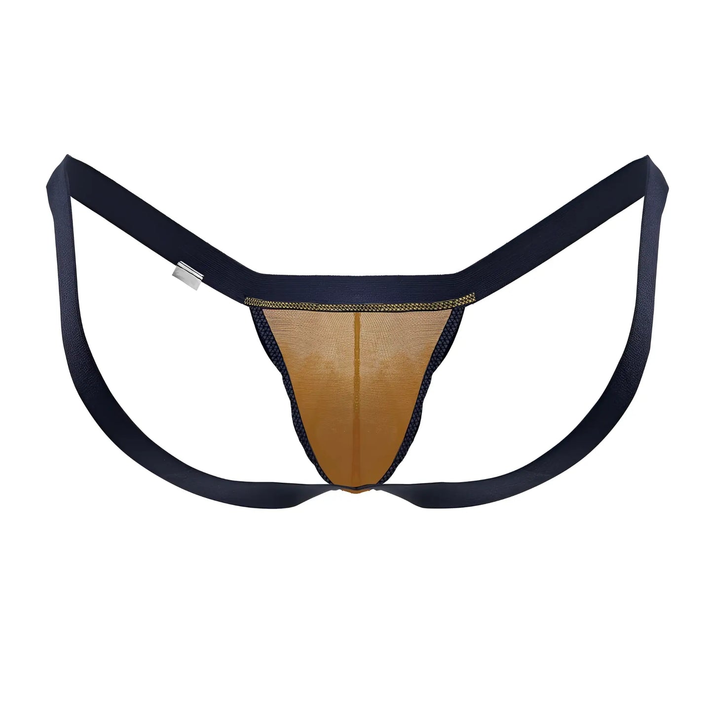 CandyMan 99841 mesh thong in navy blue and tan with elastic straps made of breathable mesh material