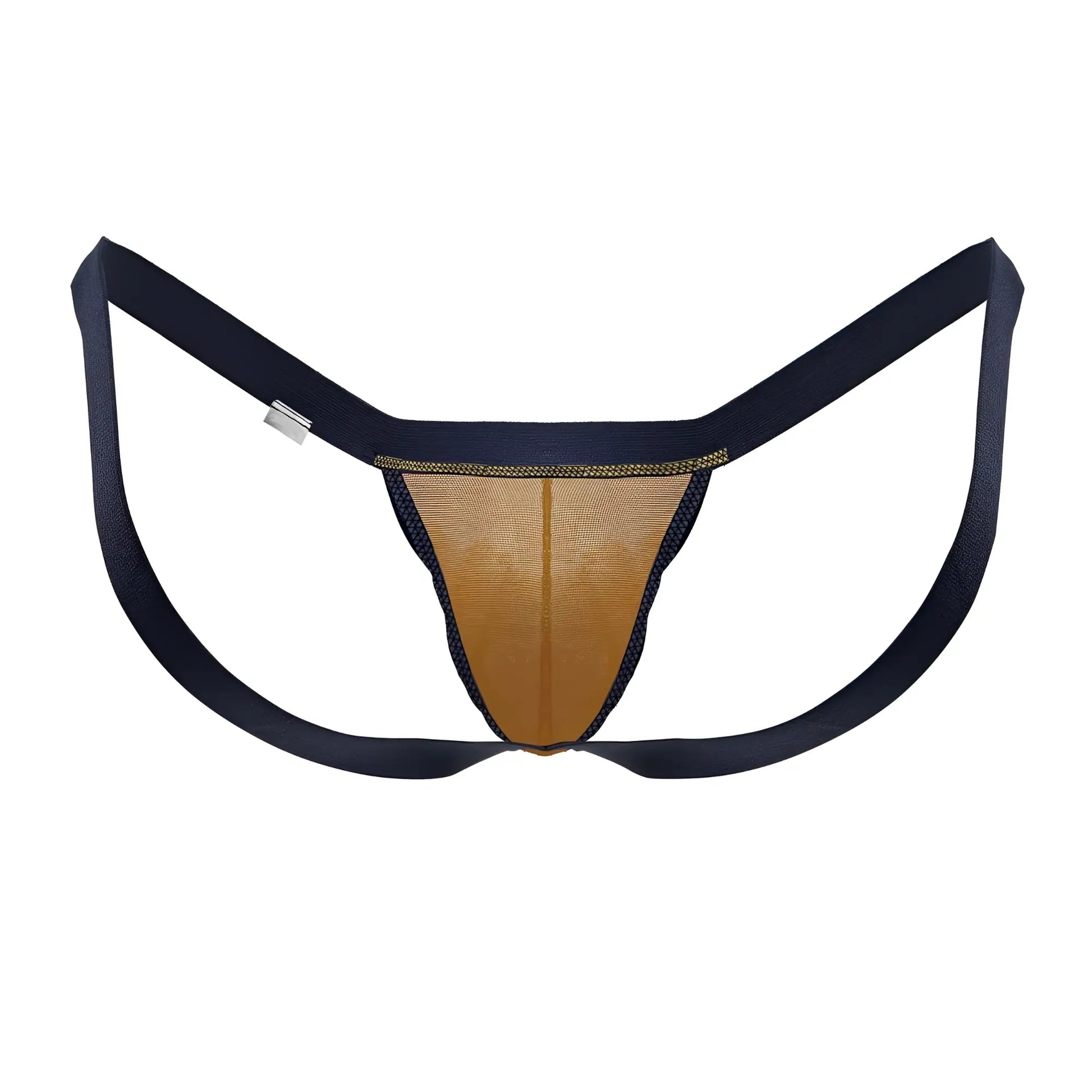 CandyMan 99841 mesh thong in navy blue and tan with elastic straps made of breathable mesh material