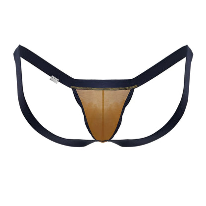 CandyMan 99841 mesh thong in navy blue and tan with elastic straps made of breathable mesh material