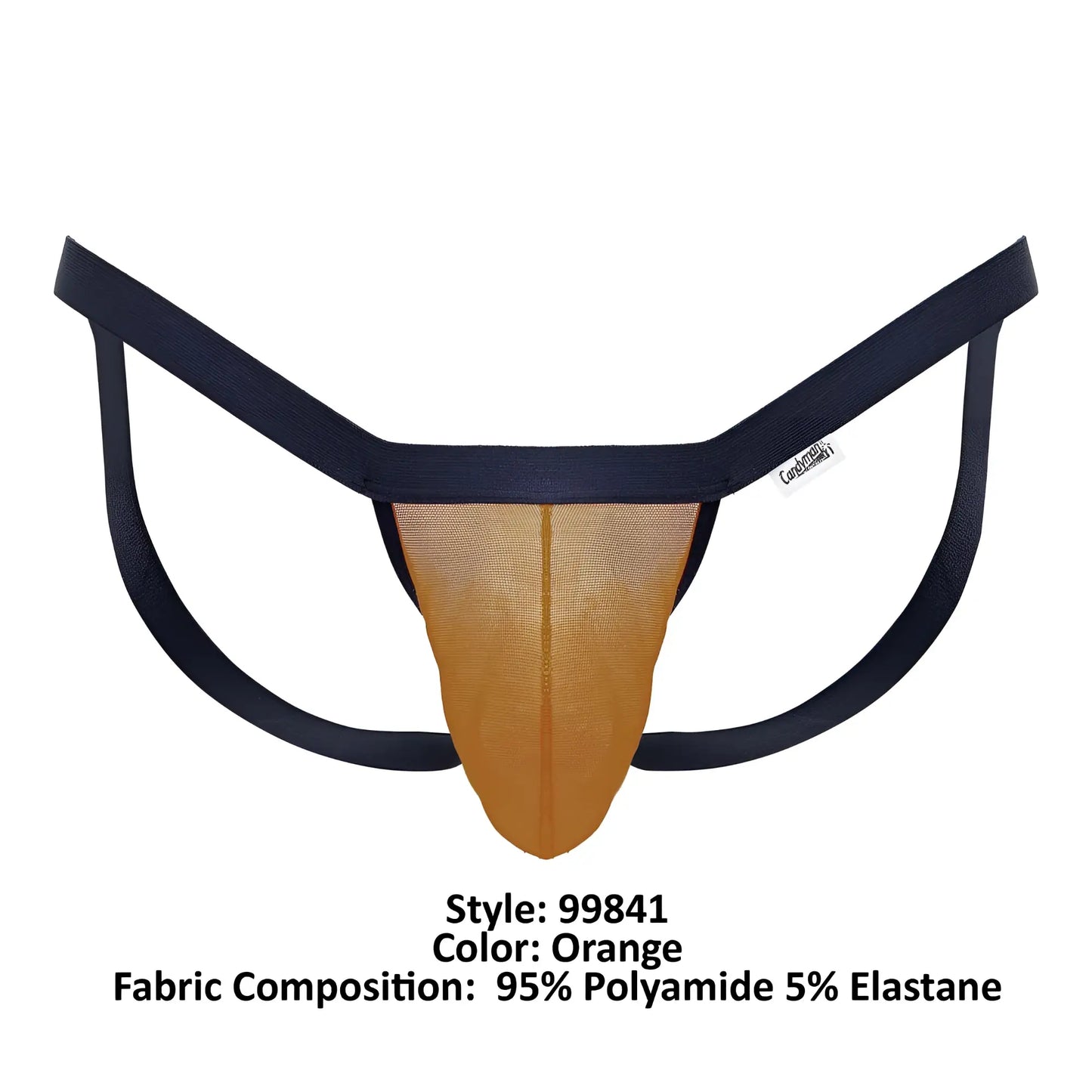 Orange CandyMan 99841 mesh thong with black elastic straps showcasing mesh material and bright color