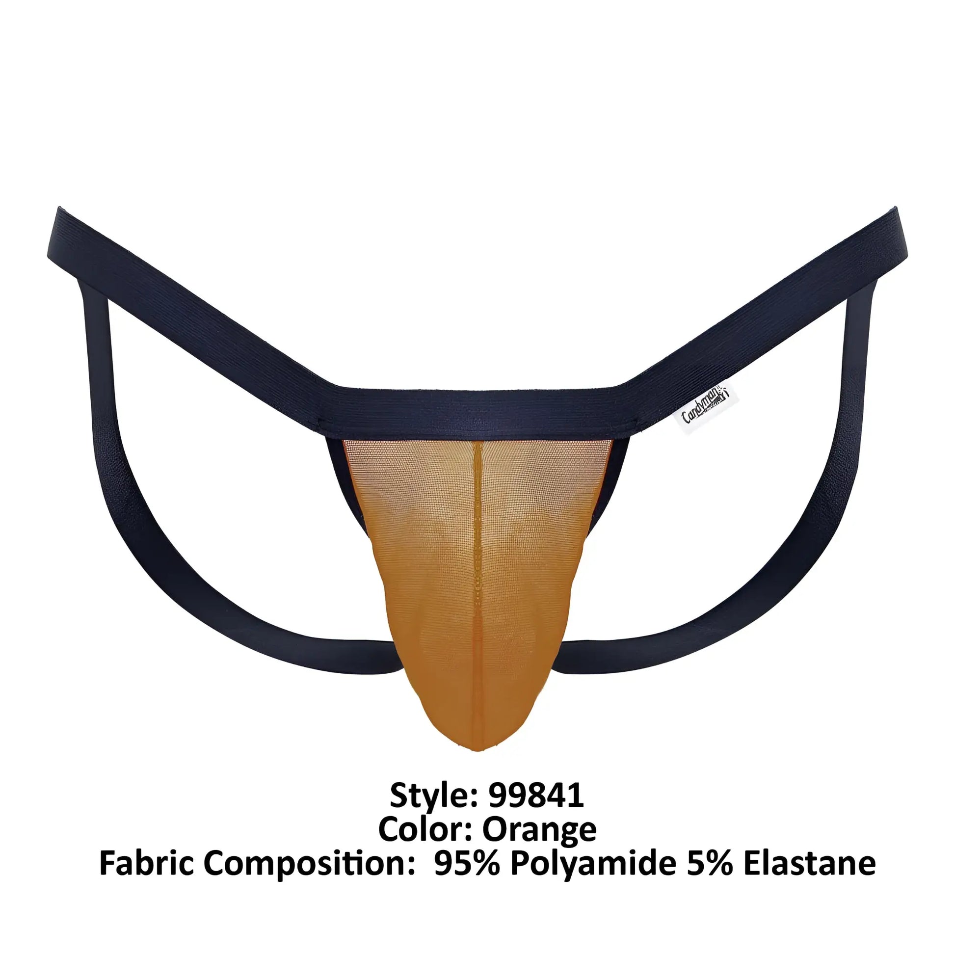 Orange CandyMan 99841 mesh thong with black elastic straps showcasing mesh material and bright color