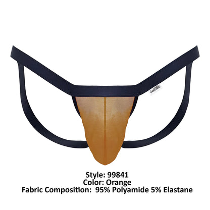 Orange CandyMan 99841 mesh thong with black elastic straps showcasing mesh material and bright color