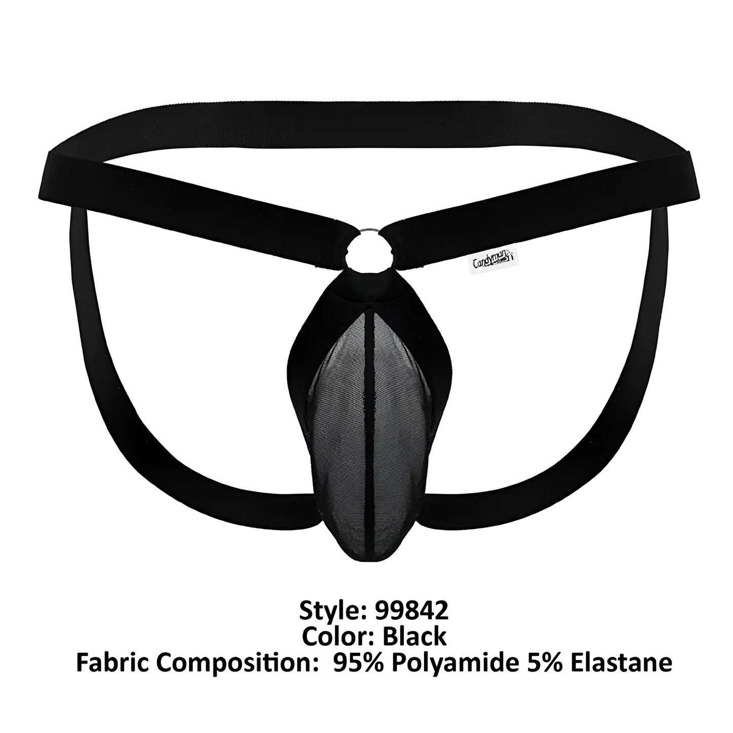 Black candyman 99842 mesh jockstrap featuring a solid fabric waistband and central pouch for men