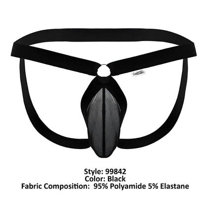 Black candyman 99842 mesh jockstrap featuring a solid fabric waistband and central pouch for men