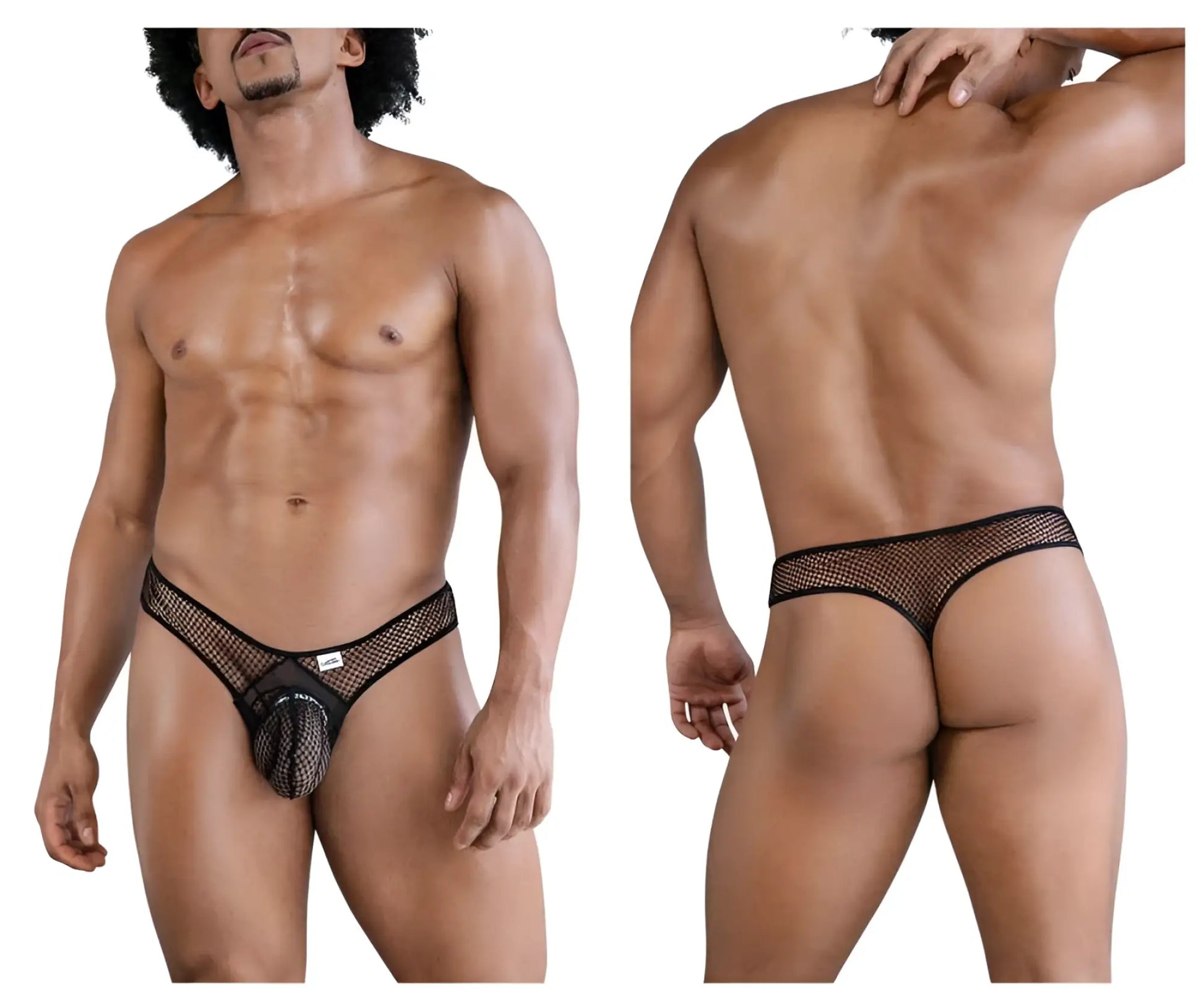 Black mesh thong candyMan 99843 with central pouch and reinforced waistband made of fishnet material