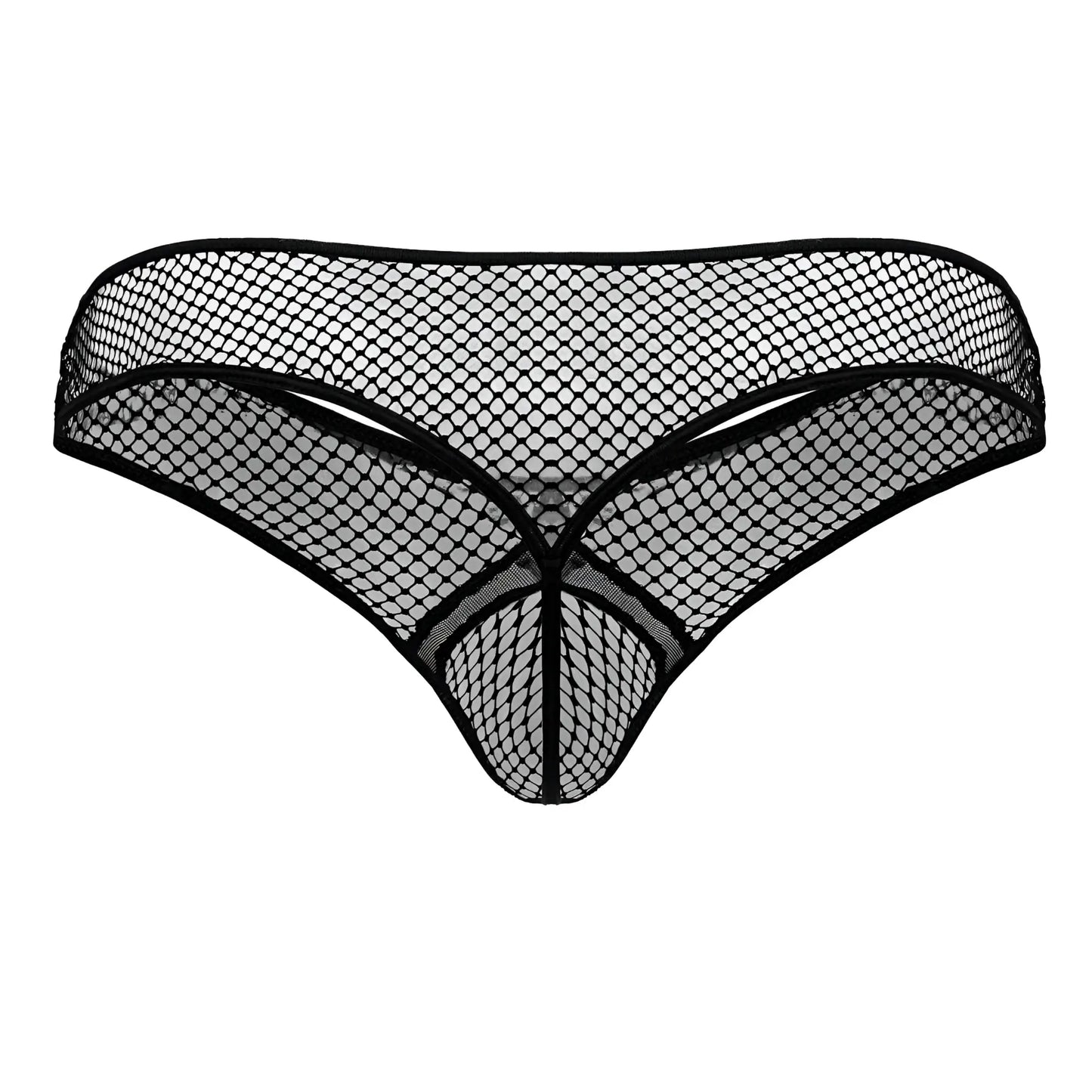 Black candy man 99843 fishnet thong with diamond pattern mesh and reinforced edges shown from the back side