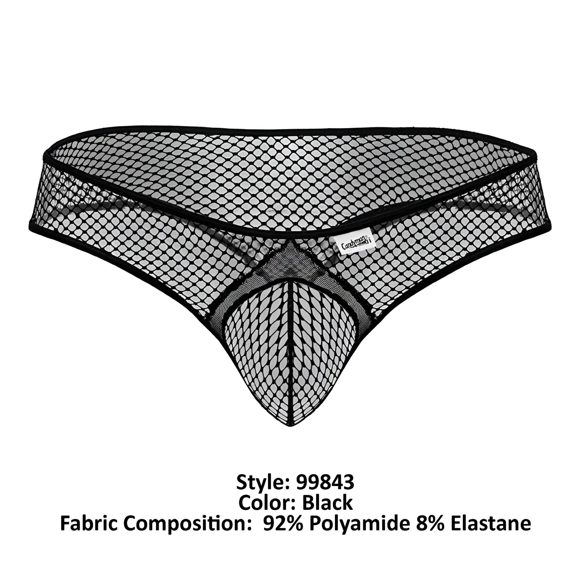 Black CandyMan 99843 fishnet thong with fishnet pattern and reinforced elastic waistband front view