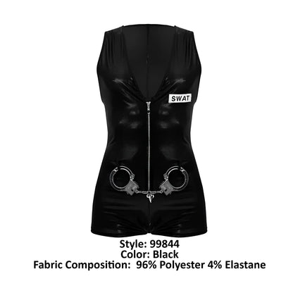 Black glossy vinyl sleeveless police bodysuit with front zipper swat patch and silver handcuffs at waist candyMan 99844