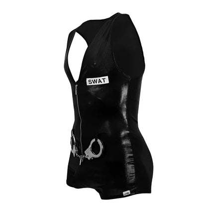 Black glossy vinyl swat vest with front zipper and attached silver handcuffs candyMan 99844 police bodysuit black
