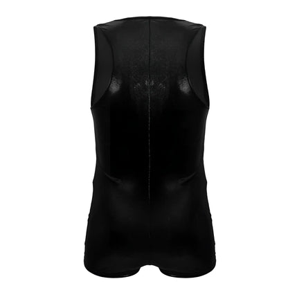 Black shiny faux leather sleeveless vest with central seam and contoured design from candyman 99844 police bodysuit
