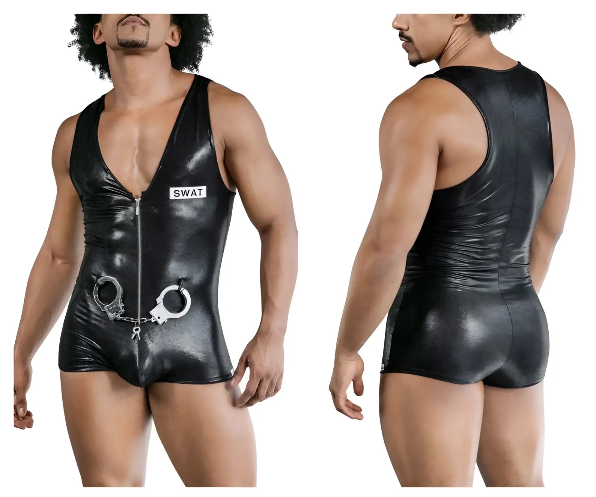 Black shiny vinyl CandyMan 99844 police bodysuit with front zipper and handcuffs attached to waistband
