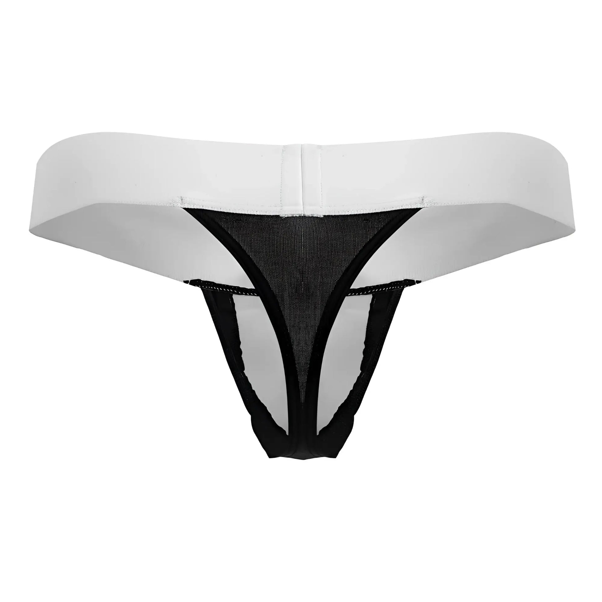 White and black CandyMan 99846 tuxedo thong with solid white waistband mesh panel and thin black straps