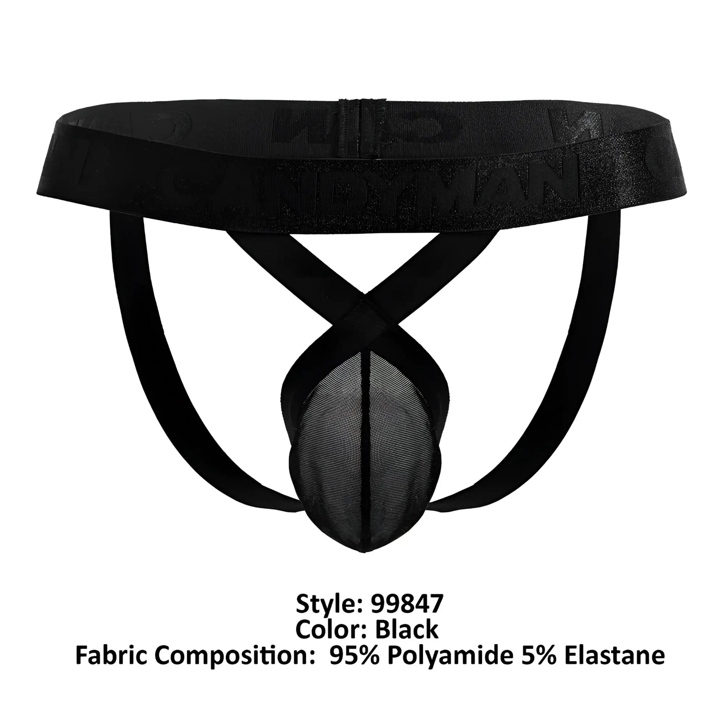 Black candyman 99847 mesh thong briefs with elastic waistband and embossed lettering front panel detail