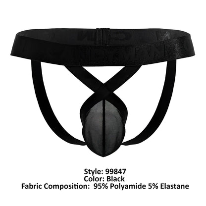Black candyman 99847 mesh thong briefs with elastic waistband and embossed lettering front panel detail