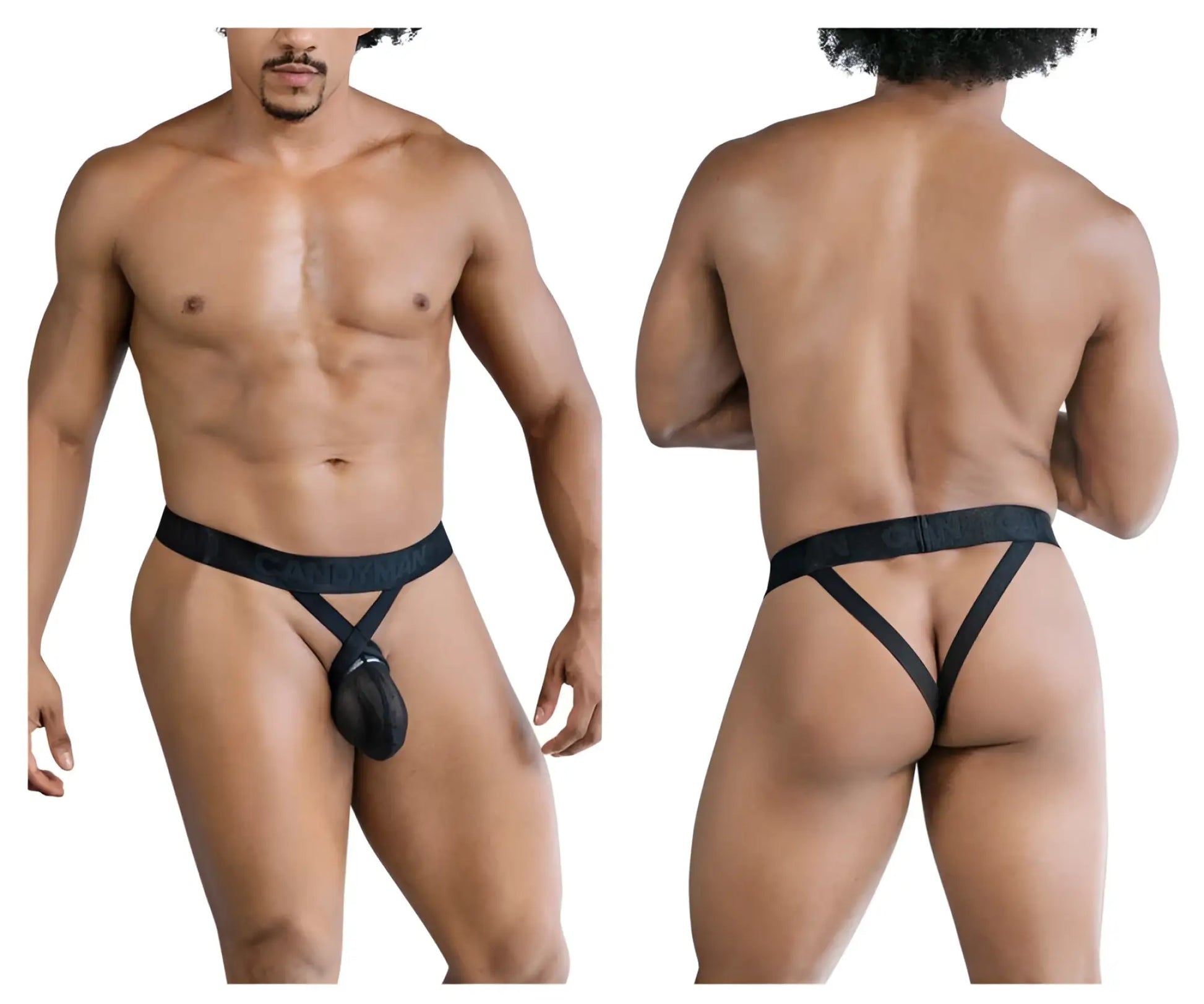 Black nylon CandyMan 99847 mesh thong with central pouch and crisscross back straps showing the back side