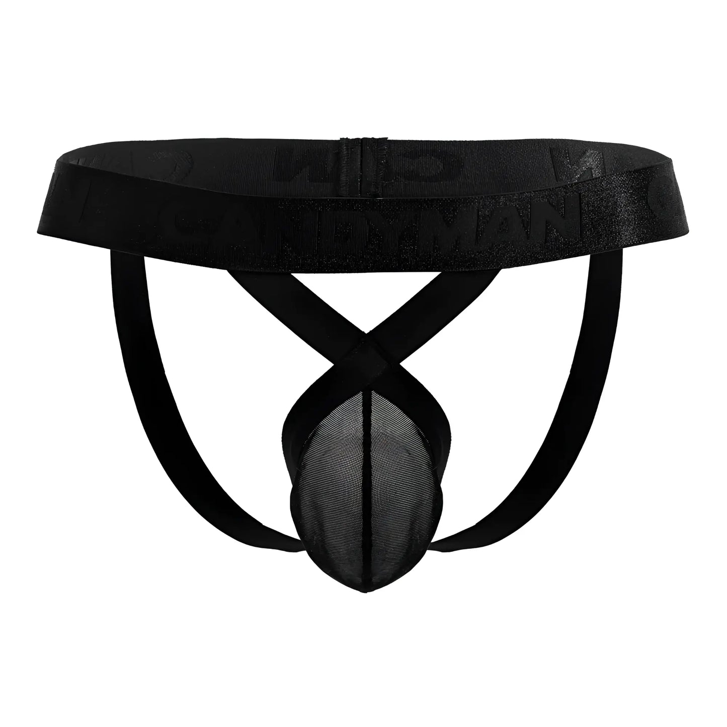 Black CandyMan 99847 mesh thongs with satin waistband featuring embossed logo in black mesh briefs style