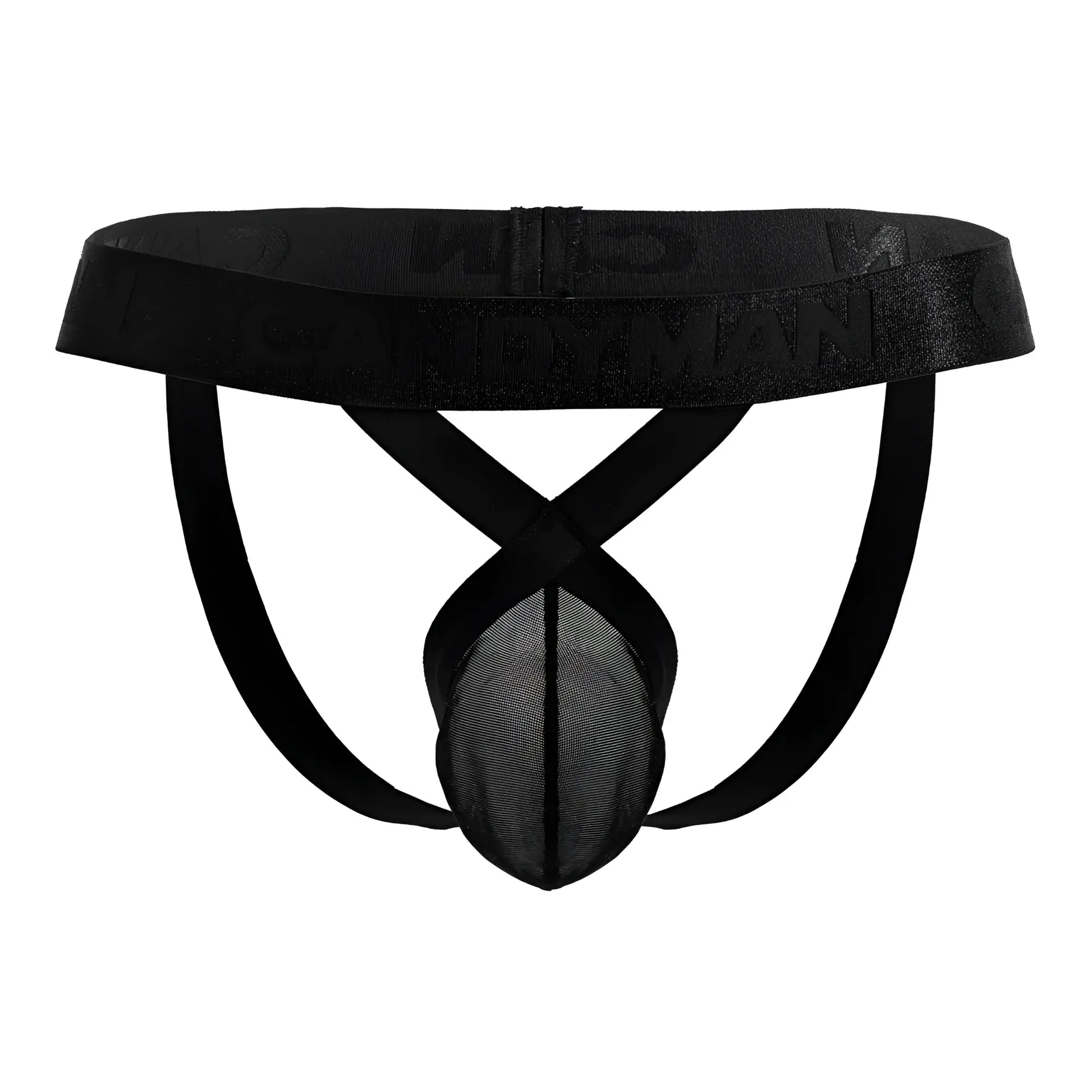 Black CandyMan 99847 mesh thongs with satin waistband featuring embossed logo in black mesh briefs style