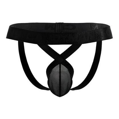 Black CandyMan 99847 mesh thongs with satin waistband featuring embossed logo in black mesh briefs style
