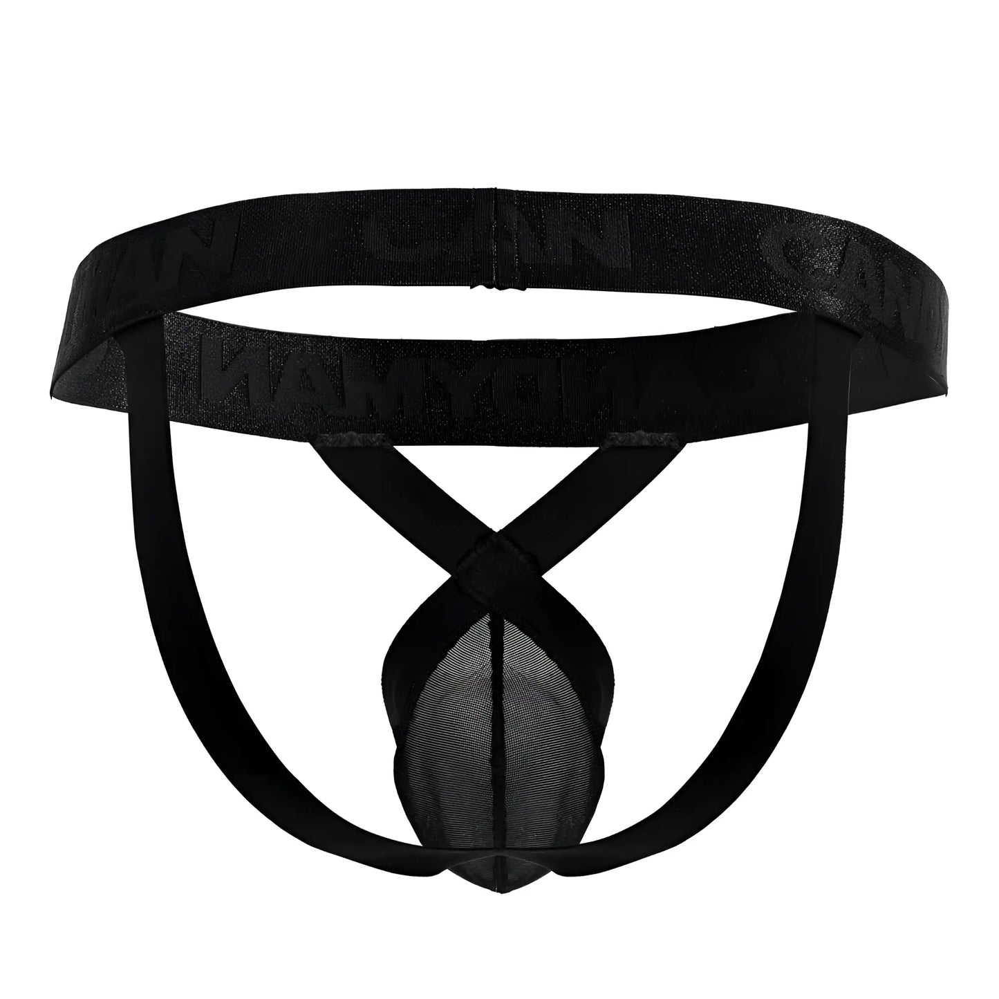 CandyMan 99847 black mesh thong with solid waistband and crossed leg straps shown from the back side