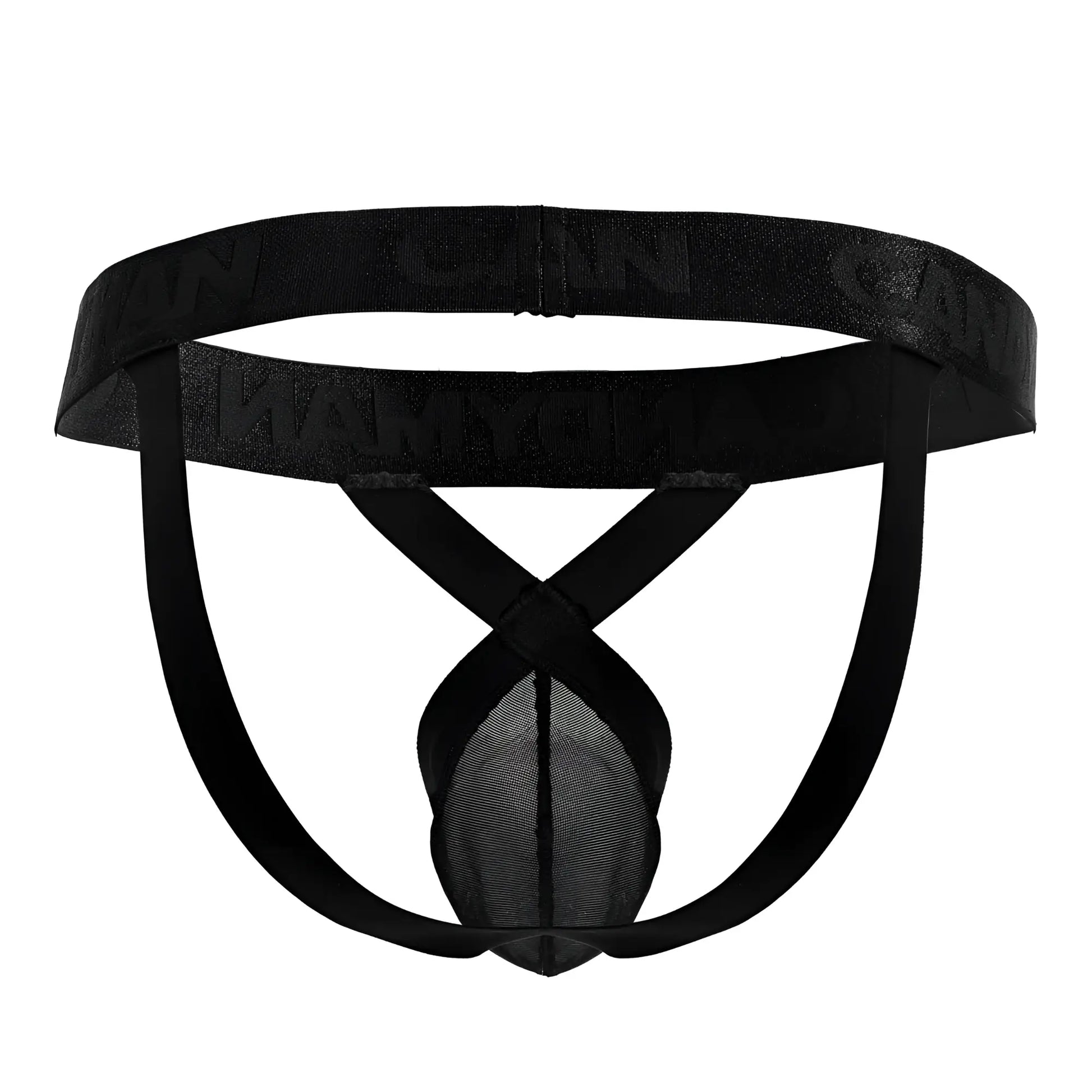 CandyMan 99847 black mesh thong with solid waistband and crossed leg straps shown from the back side