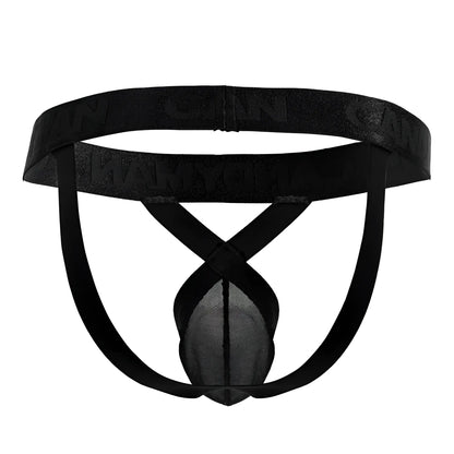 CandyMan 99847 black mesh thong with solid waistband and crossed leg straps shown from the back side