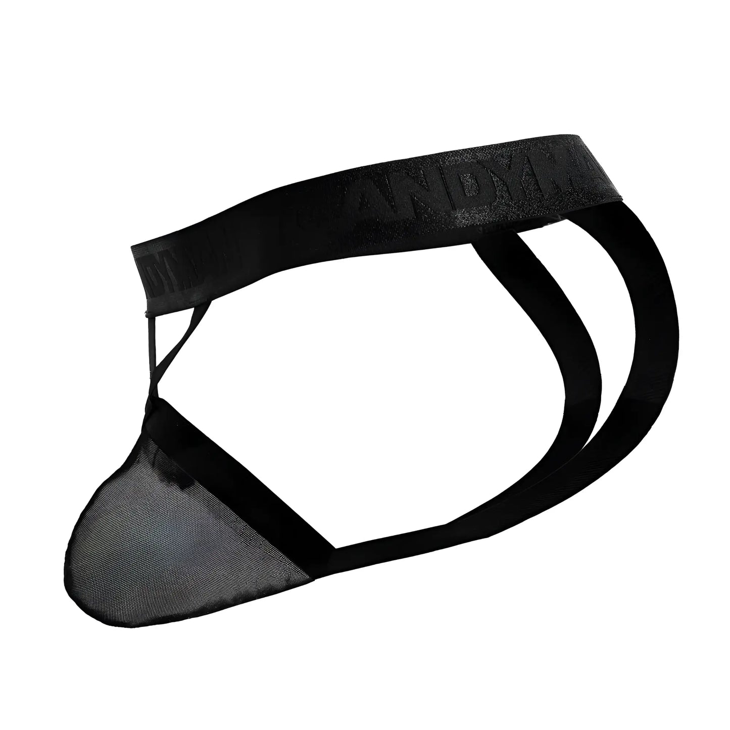 Black mesh thong with solid elastic waistband embossed with brand name andy from Candyman 99847 collection