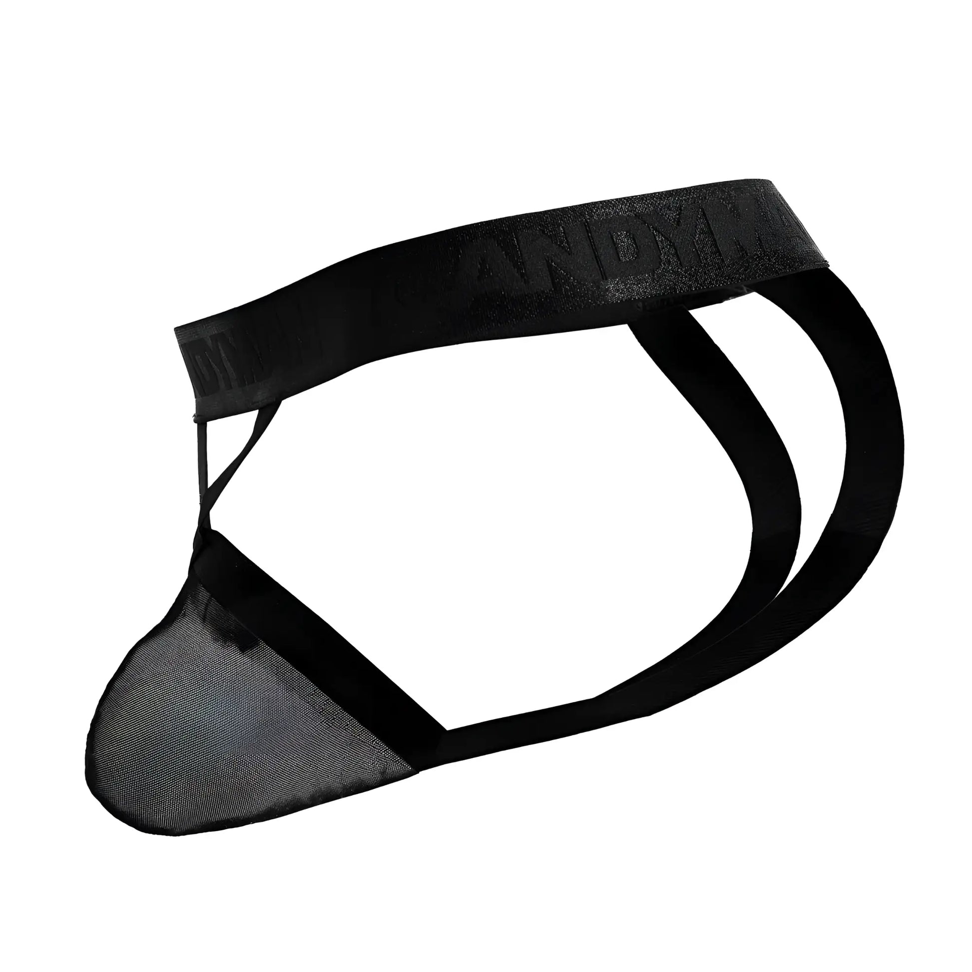 Black mesh thong with solid elastic waistband embossed with brand name andy from Candyman 99847 collection
