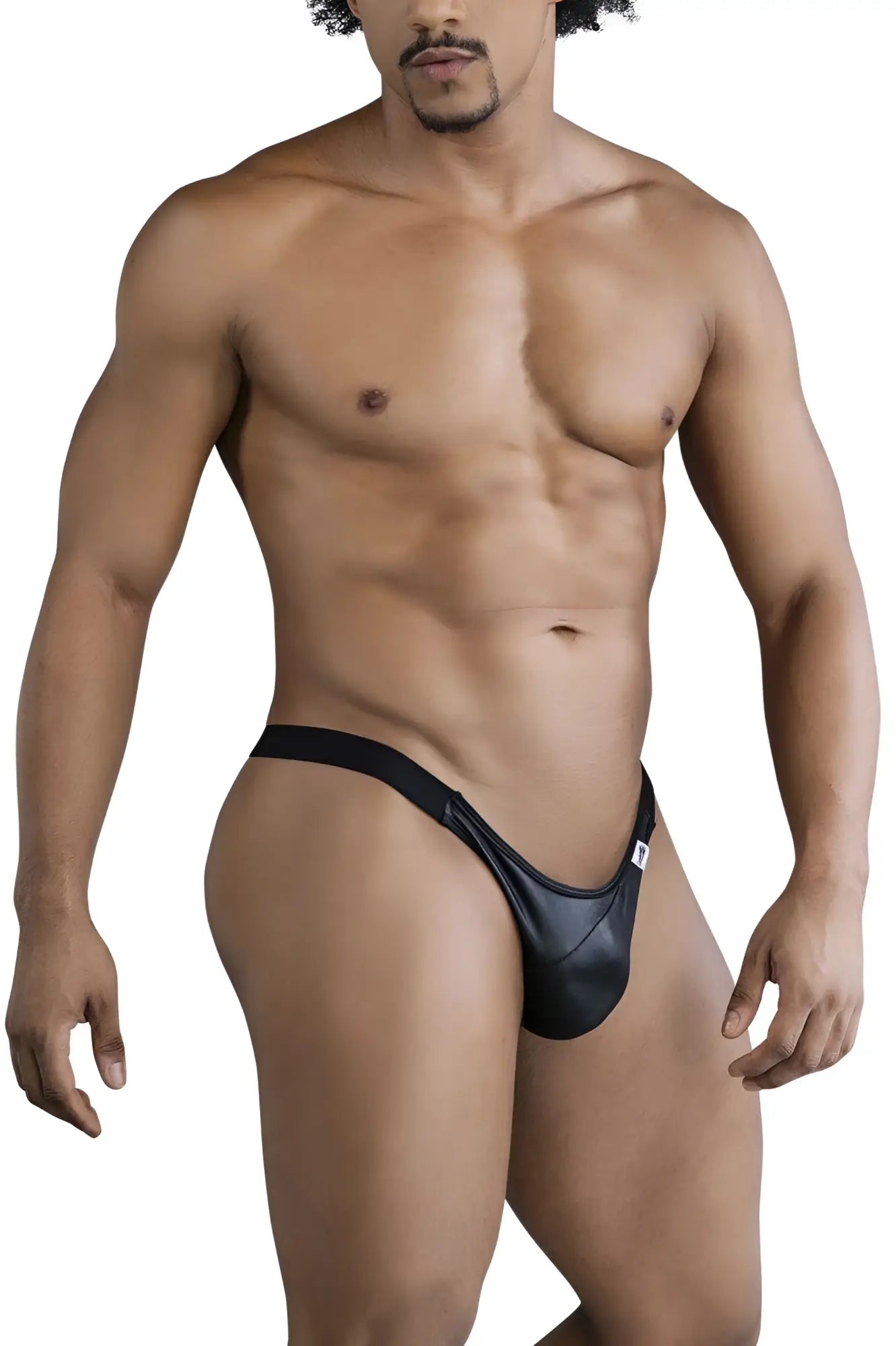 Black leather-like thong bikini by candyman with a sleek form-fitting design in black shown from the back side