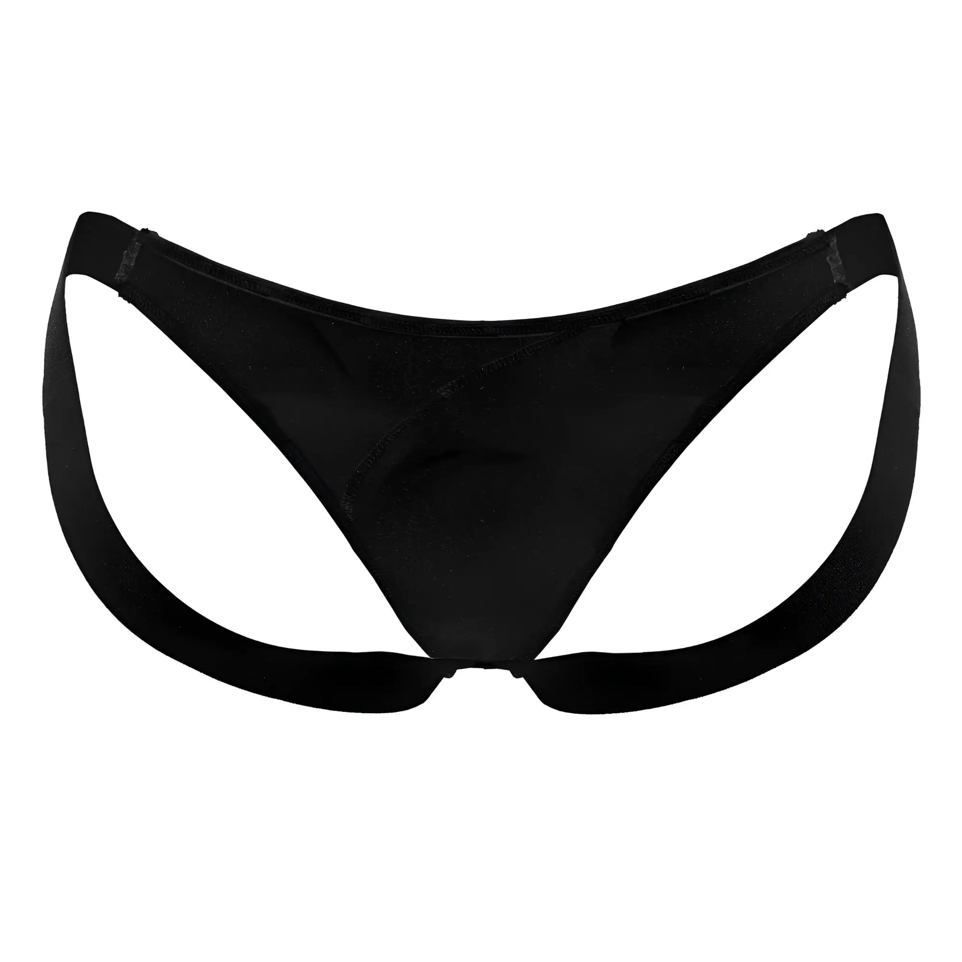 CandyMan 99848 black bikini thong made of stretchy fabric with wide supportive straps shown from the back side