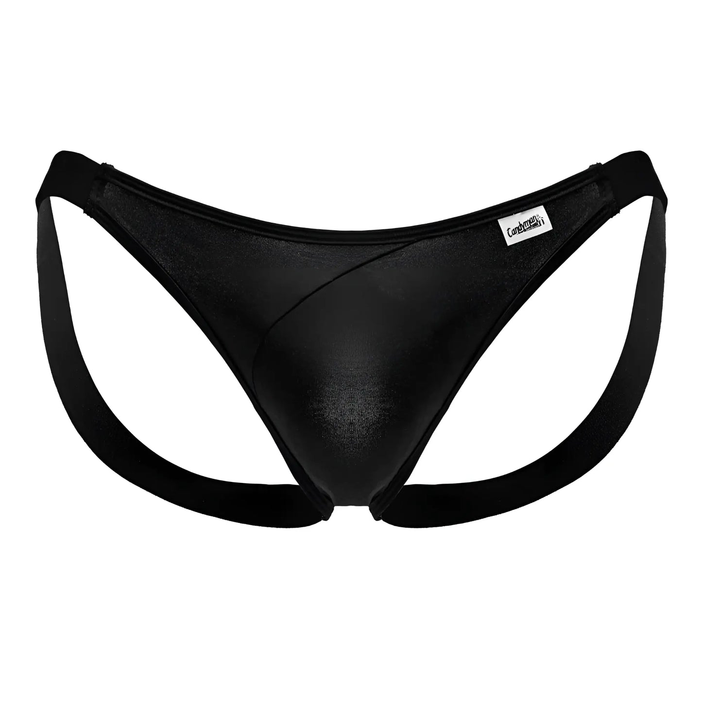 Black metallic finish men’s thong bikini with wide supportive side straps and branded waistband label from candyman