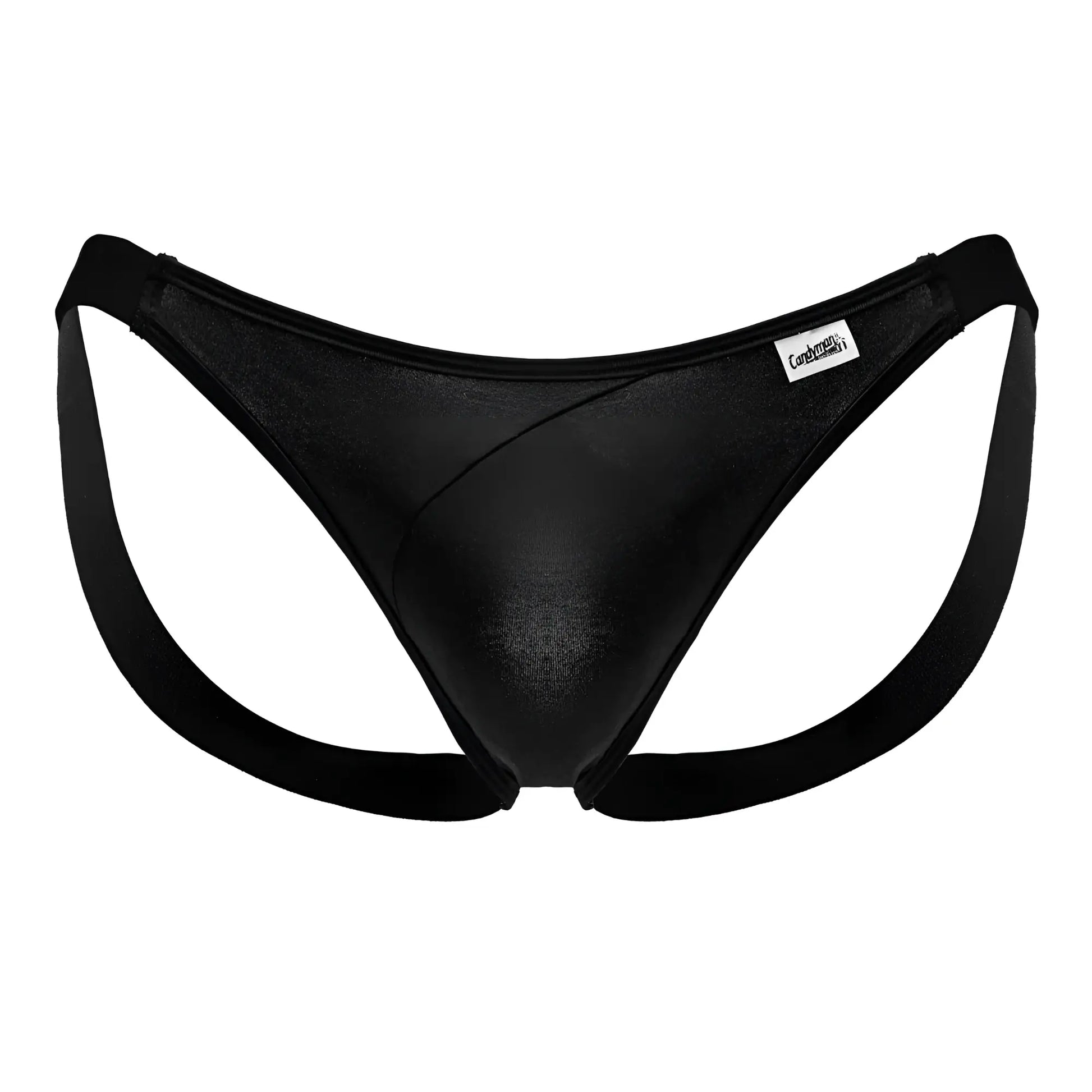 Black metallic finish men’s thong bikini with wide supportive side straps and branded waistband label from candyman