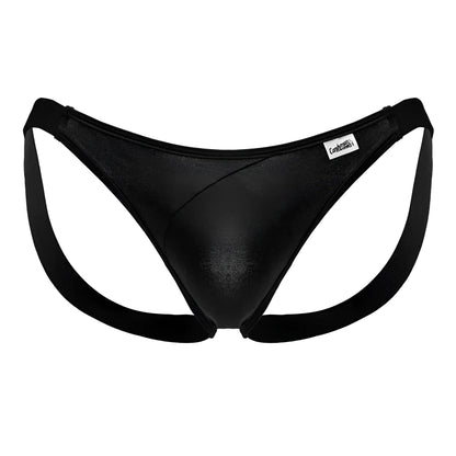 Black metallic finish men’s thong bikini with wide supportive side straps and branded waistband label from candyman